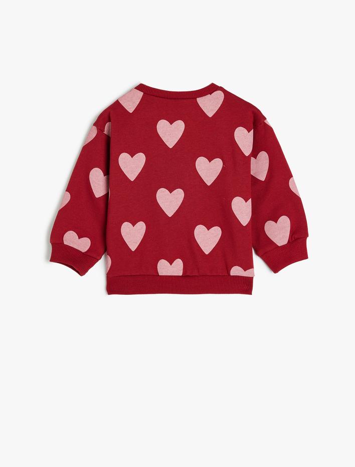 Kız Bebek Kalp Desenli Pamuklu Uzun Kollu Bisiklet Yaka Şardonlu Sweatshirt