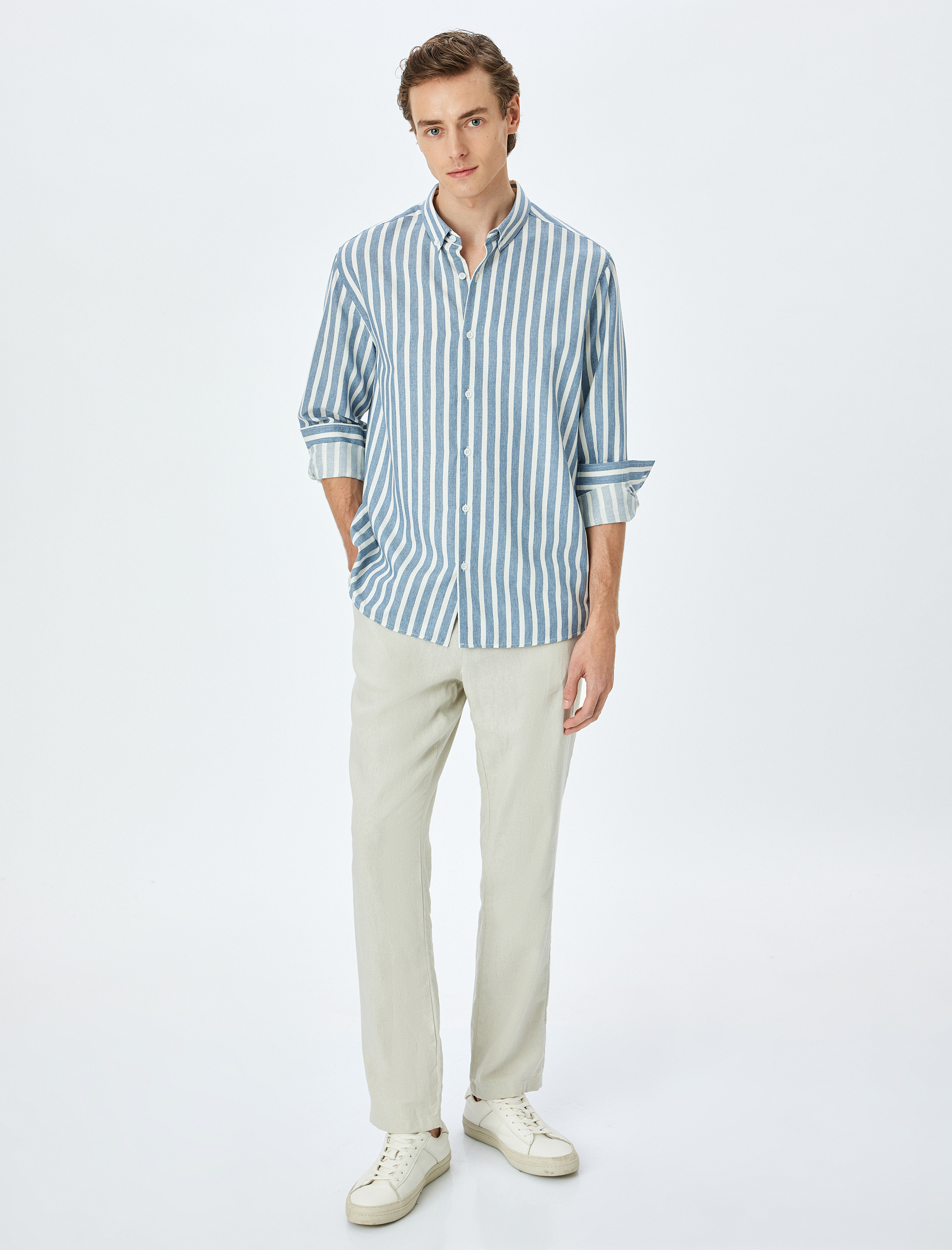   Çizgili Uzun Kollu Düğmeli Yaka Slim Fit Gömlek