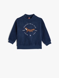 Uzun Kollu Tilki Baskılı Dik Yaka Şardonlu Pamuklu Sweatshirt