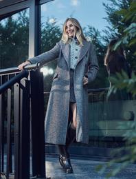 Koton X Şahika Ercümen - Cepli Balıksırtı Desenli Düğmeli Kruvaze Uzun Kaşe Kaban