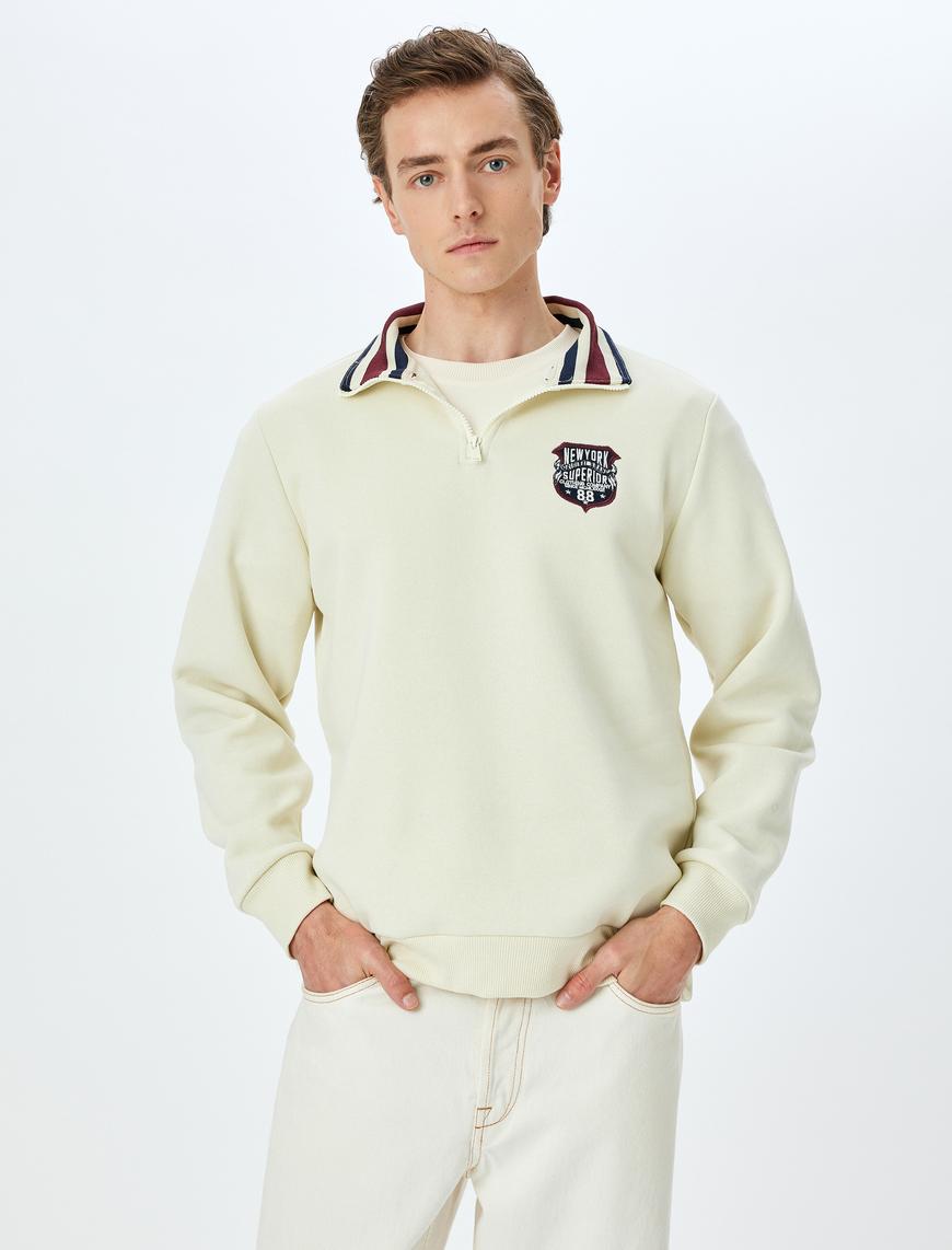   Baskılı Pamuk Karışımlı Yaka Detaylı Yarım Fermuarlı Sweatshirt