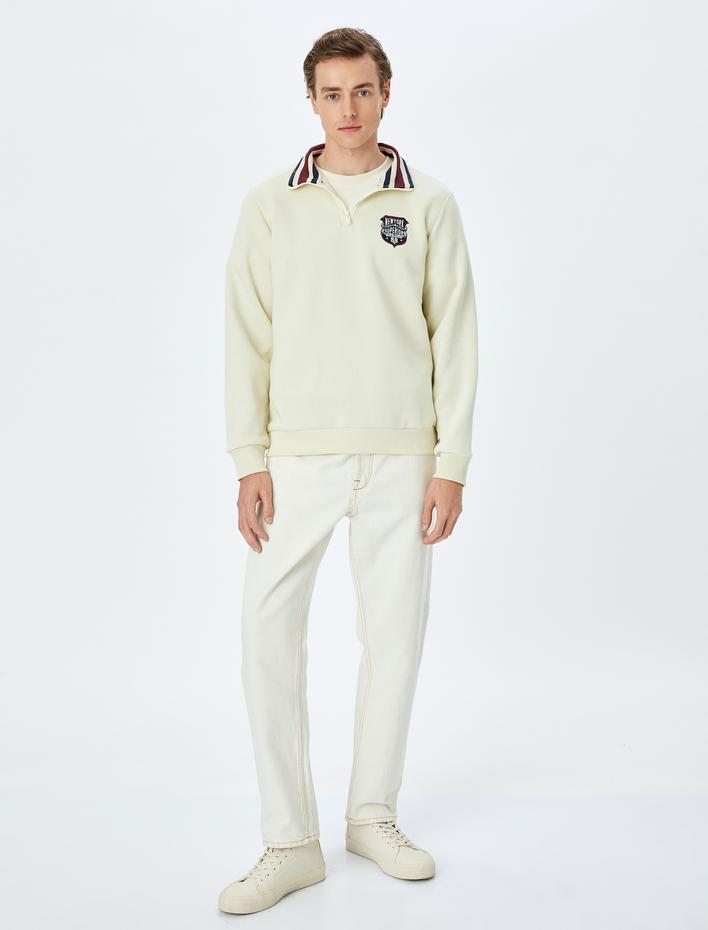  Baskılı Pamuk Karışımlı Yaka Detaylı Şardonlu Yarım Fermuarlı Sweatshirt