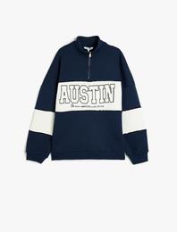 Yarım Fermuarlı Slogan Baskılı Oversize Şardonlu Sweatshirt