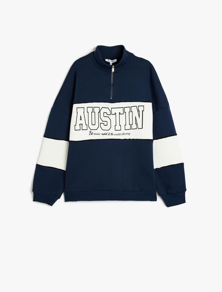  Yarım Fermuarlı Slogan Baskılı Oversize Şardonlu Sweatshirt