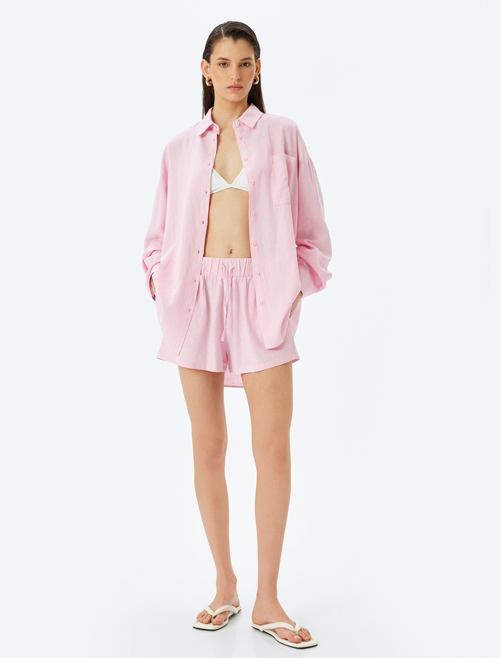  Uzun Kollu Keten Karışımlı Gömlek Plaj Elbisesi