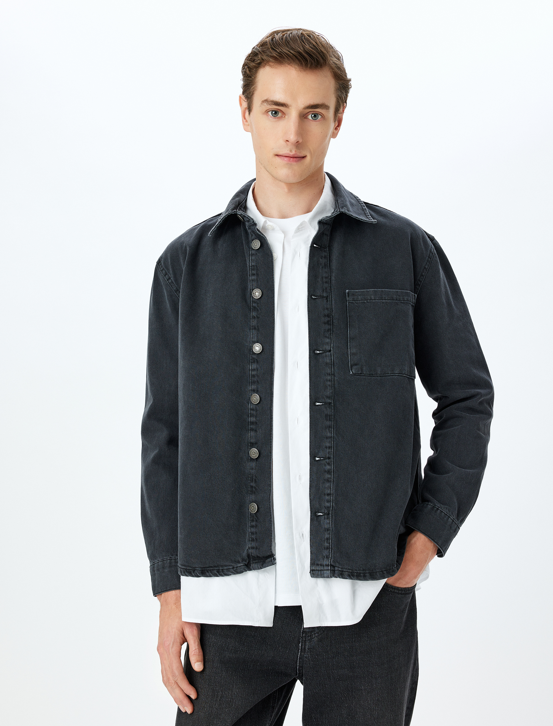   Düğmeli Pamuklu Cep Detaylı Klasik Kot Ceket