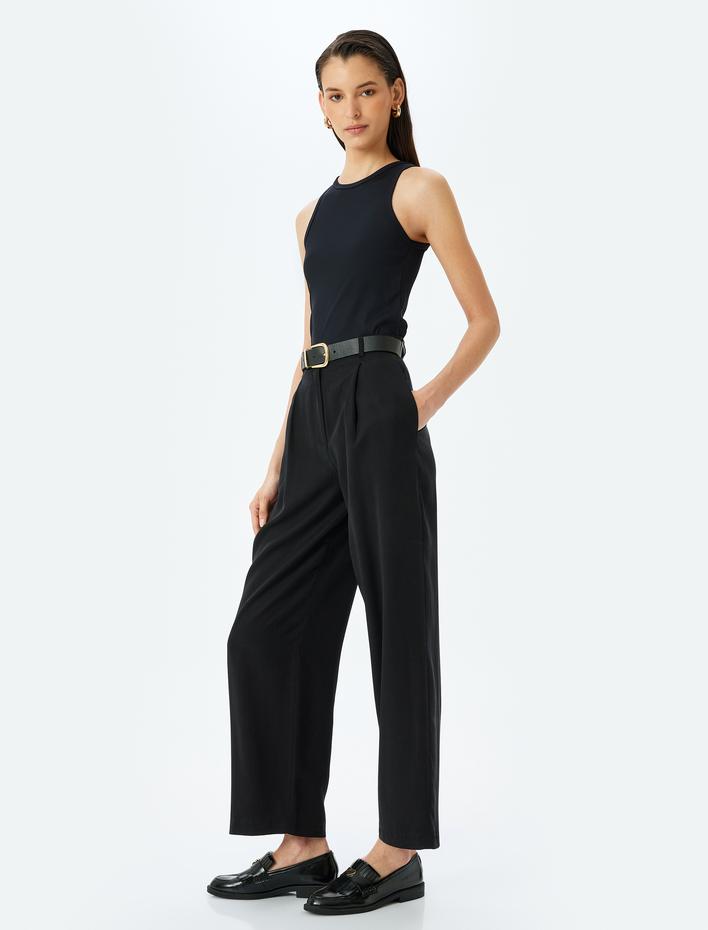  Cepli Yüksek Bel Ekstra Uzun Geniş Paça Kumaş Pantolon