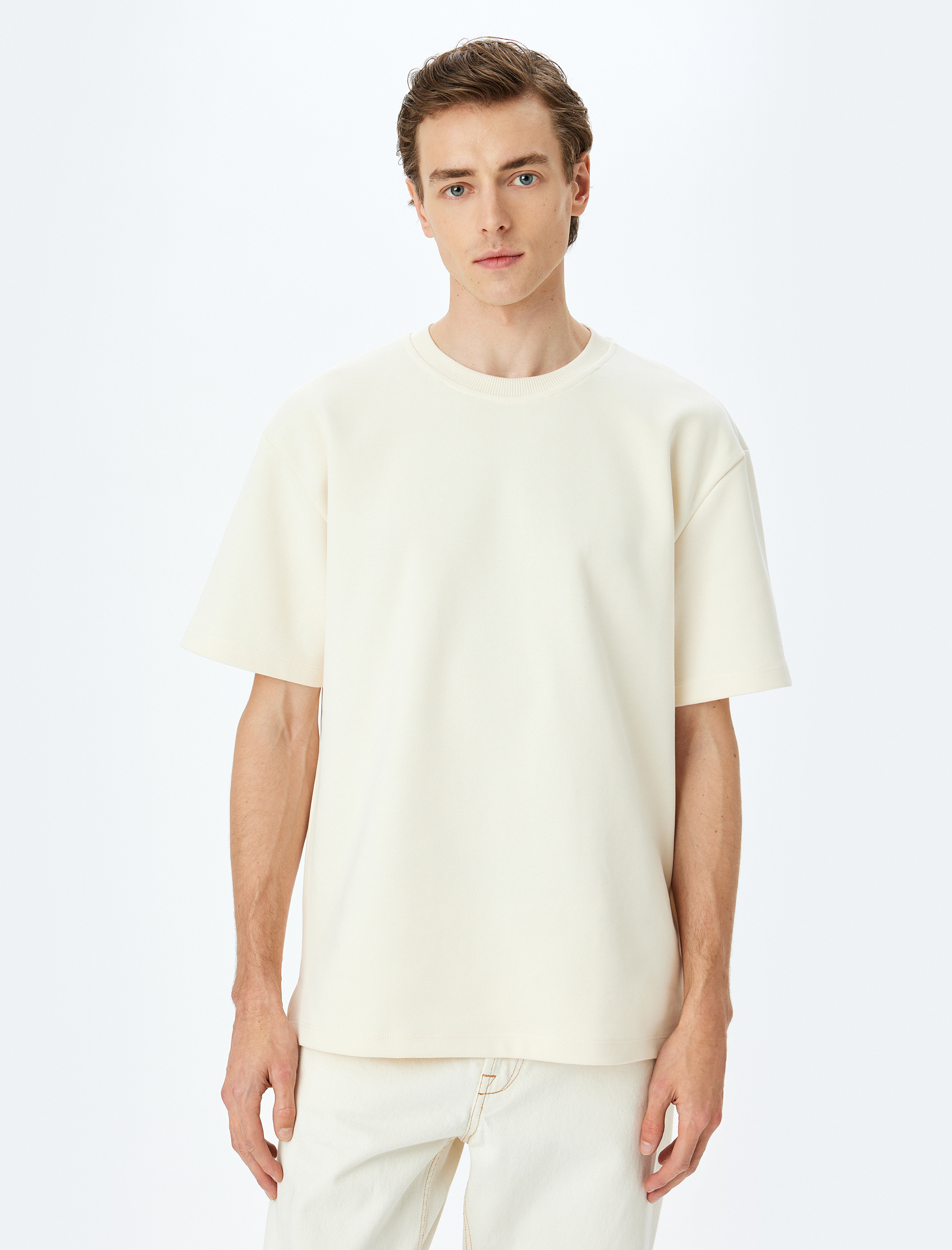   Bisiklet Yaka Pamuklu Pike Tok Kumaş Kısa Kollu Oversize Tişört