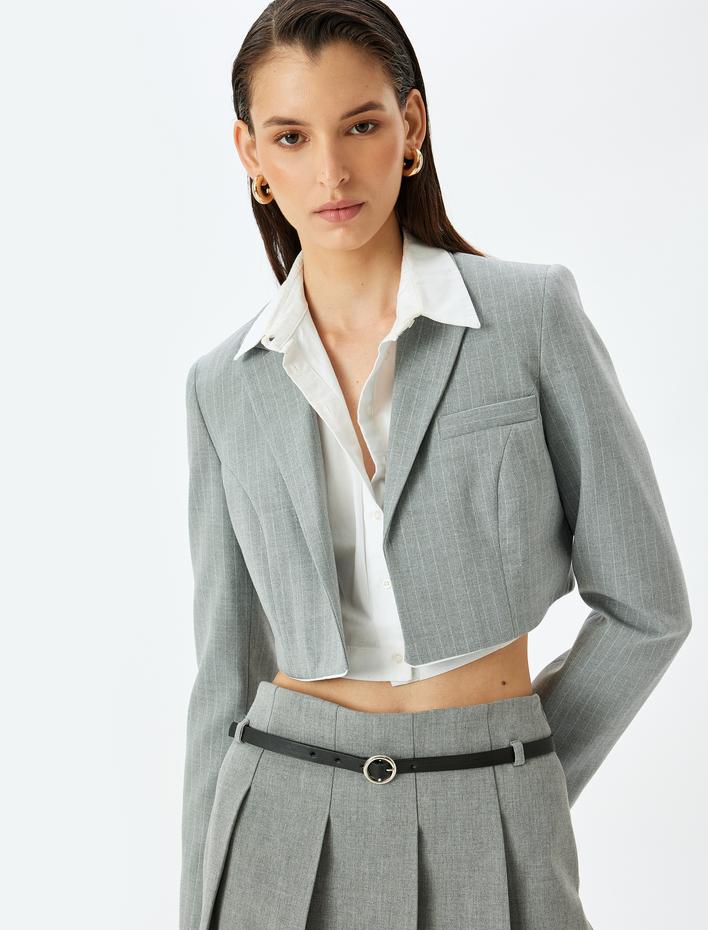  Uzun Kollu Kruvaze Crop Blazer Ceket