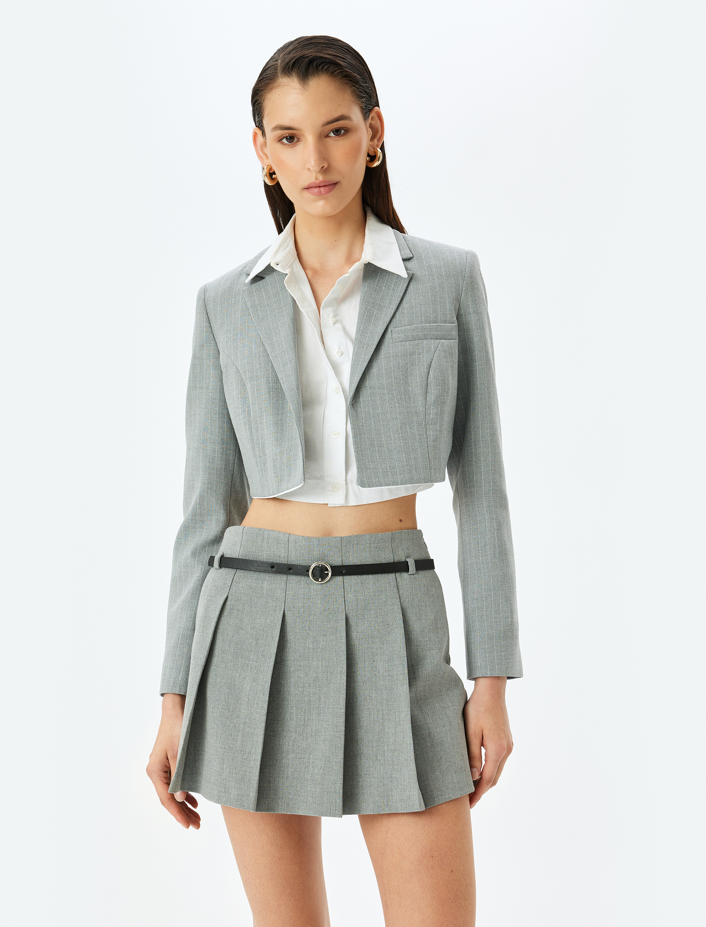Koton Kadın Uzun Kollu Kruvaze Crop Blazer Ceket -1