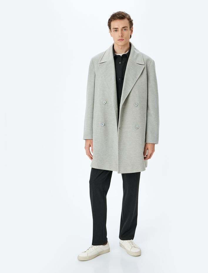  Uzun Kaşe Kaban Kruvaze Yaka Cep Detaylı Viskon Karışımlı