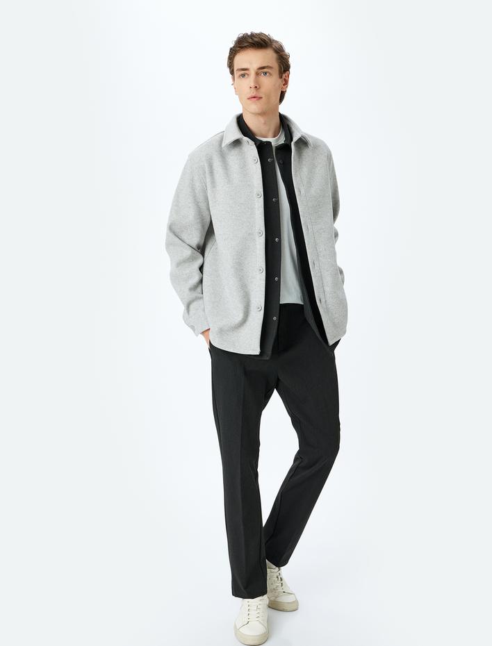  Regular Fit Düğmeli Viskon Karışımlı Uzun Kollu Kaşe Gömlek Ceket