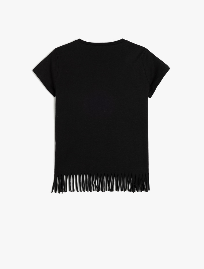 Kız Çocuk Kedi Baskılı Kısa Kollu Pamuklu Püsküllü Tişört