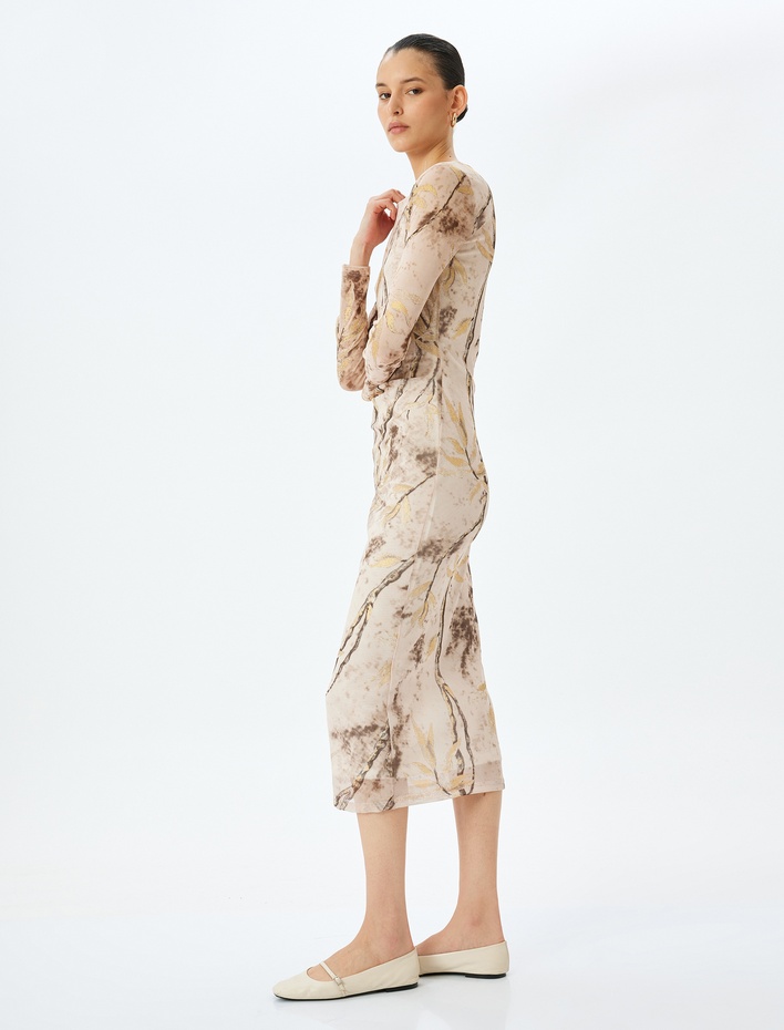  Yuvarlak Yaka Uzun Kollu Floral Desenli Midi Boy Kalem Elbise