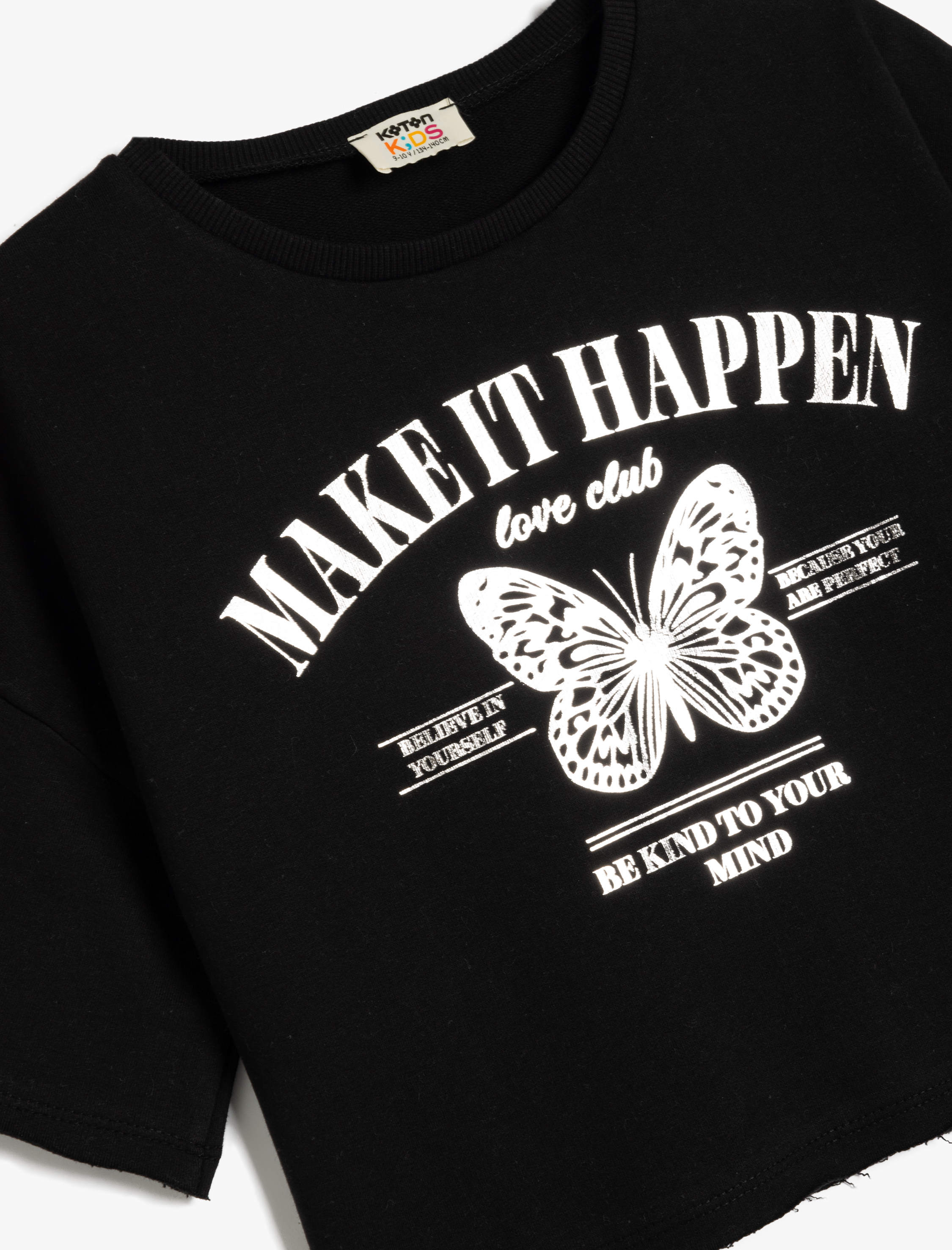  Kız Çocuk Kelebek Baskılı Kısa Kollu Pamuklu Crop Tişört