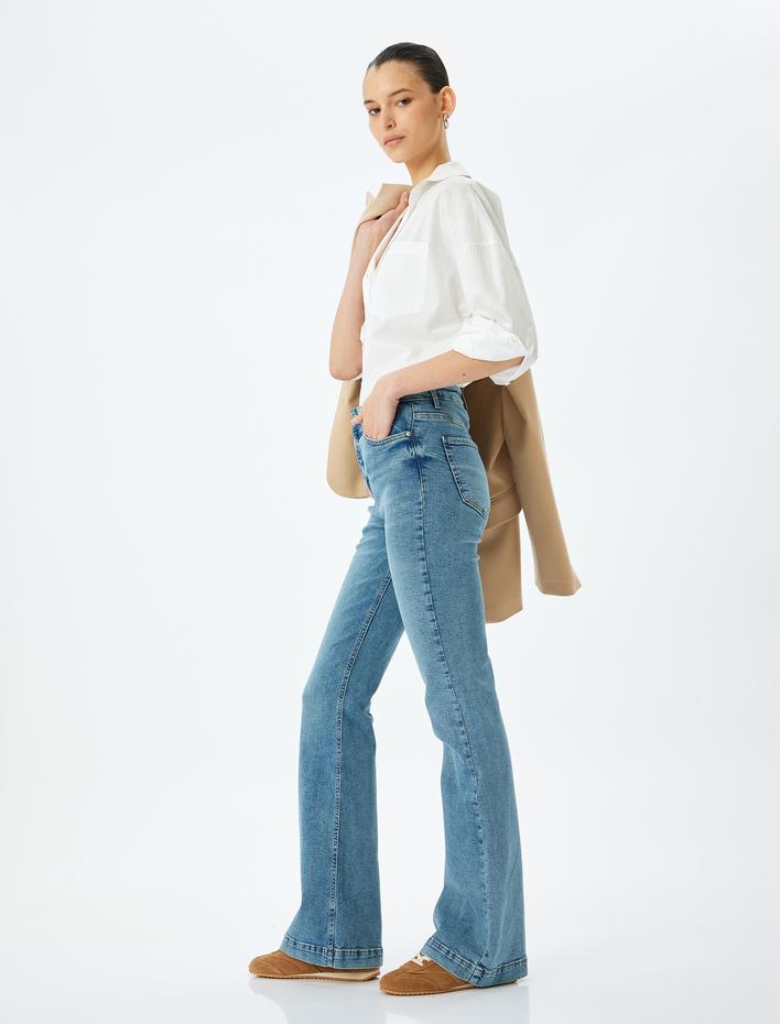  Yüksek Bel İspanyol Paça Düğmeli Kot Pantolon