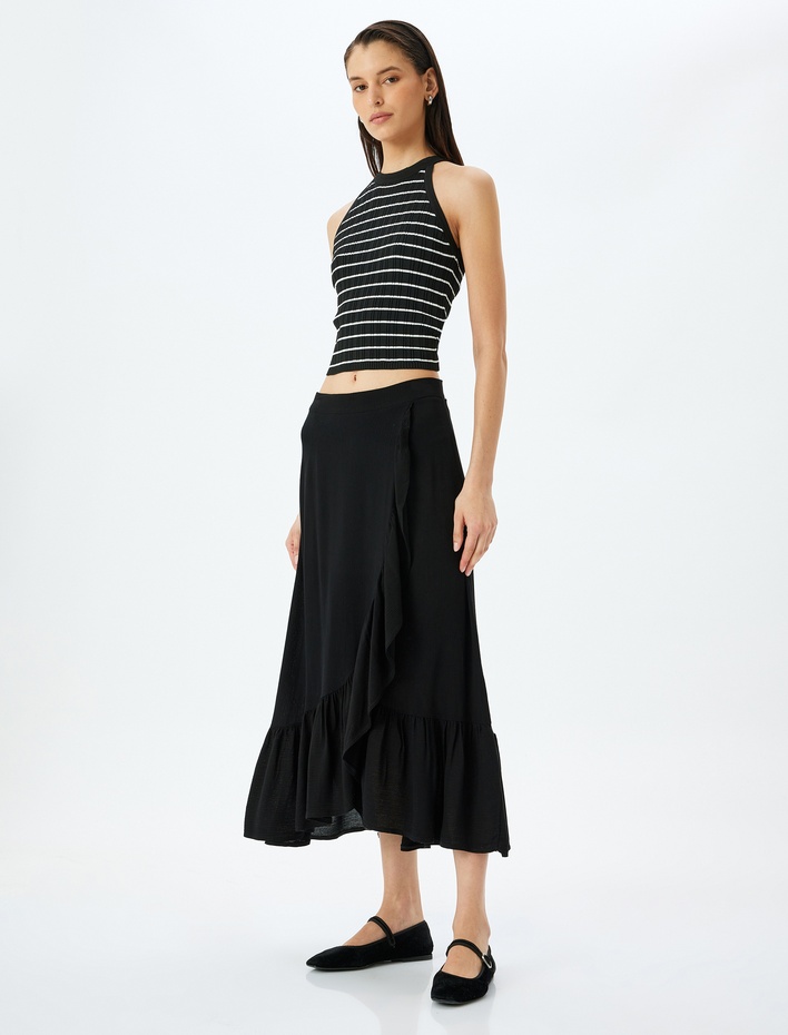  Midi Boy Viskon Kruvaze Fırfırlı Etek