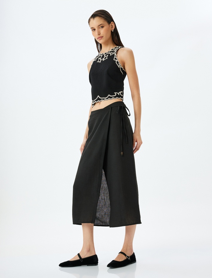  Yüksek Bel Bağlama Detaylı Midi Boy Etek