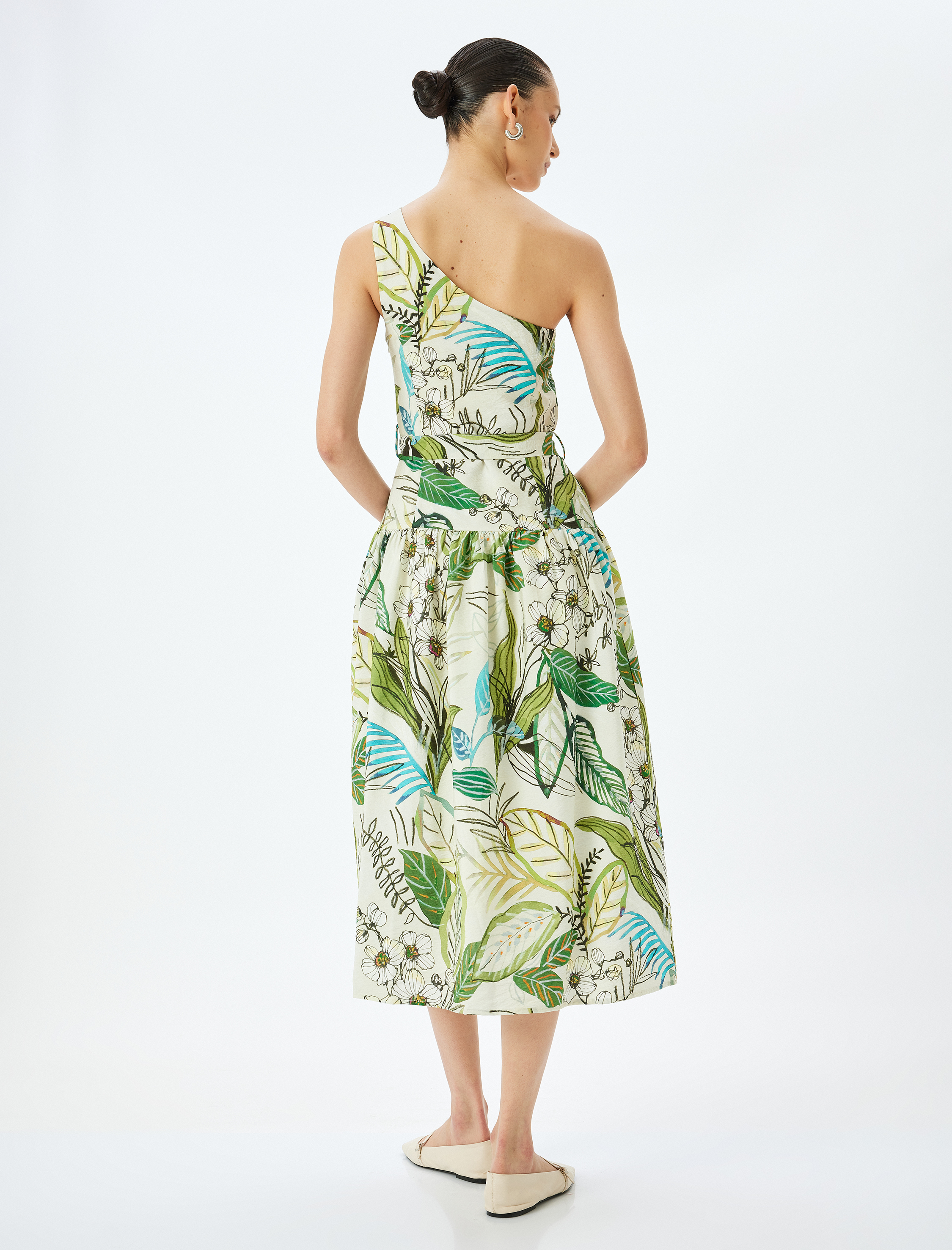 Midi Boy Astarlı Viskon Çiçekli Tek Omuz Elbise