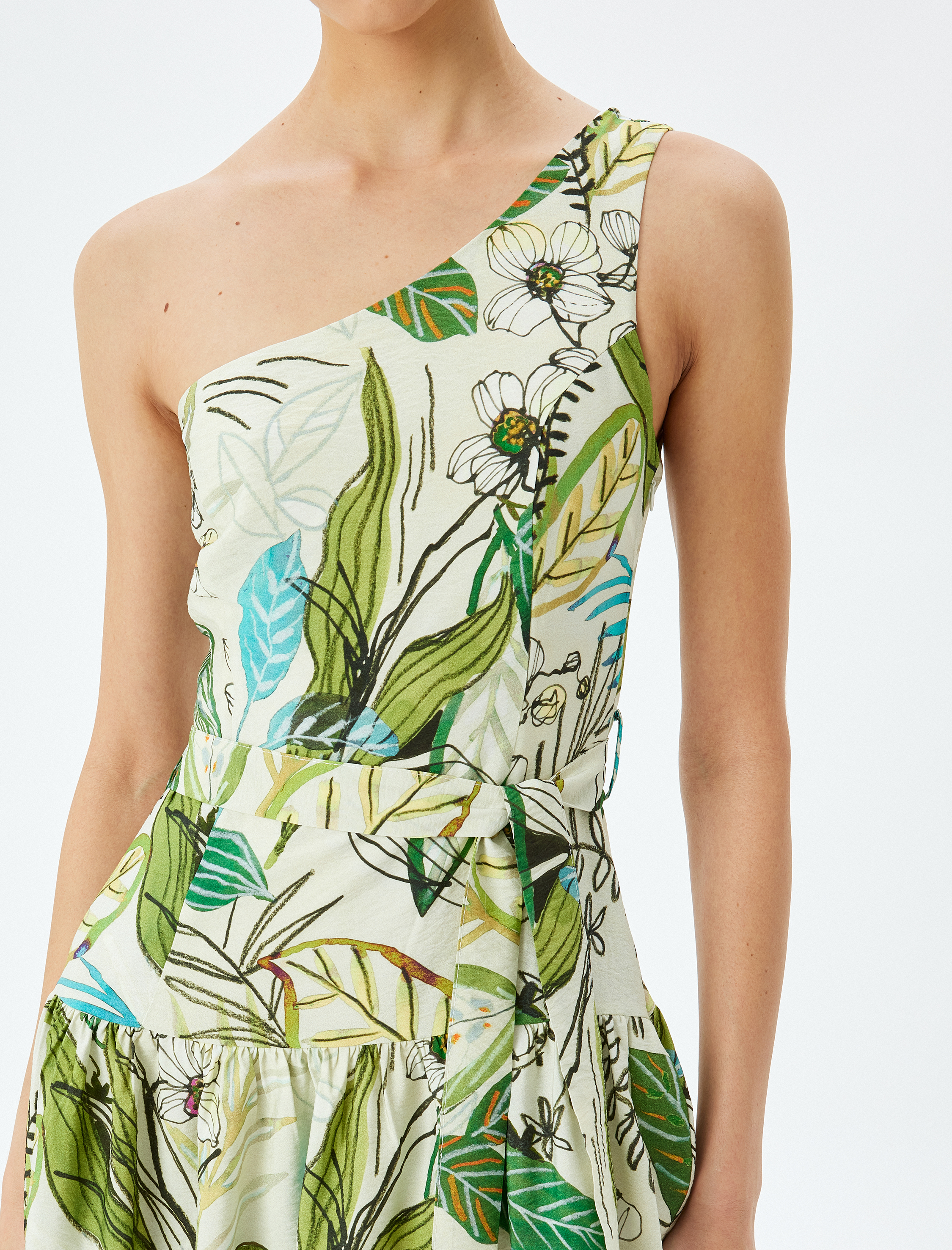 Midi Boy Astarlı Viskon Çiçekli Tek Omuz Elbise