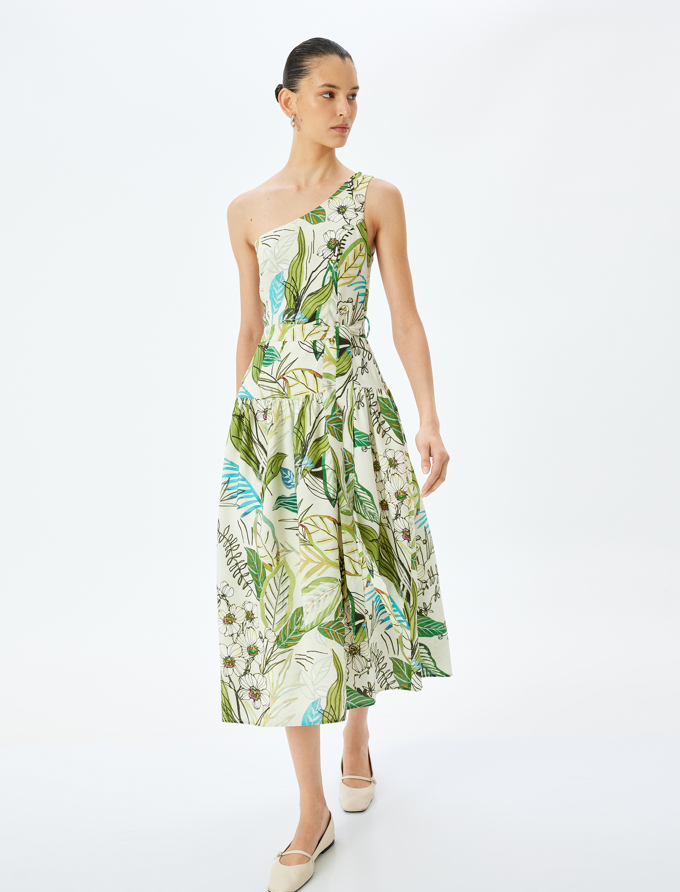 Midi Boy Astarlı Viskon Çiçekli Tek Omuz Elbise