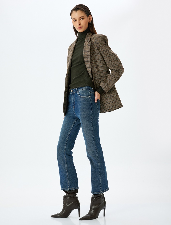  Hafif İspanyol Paça Normal Bel Crop Kot Pantolon Dar Kalıp