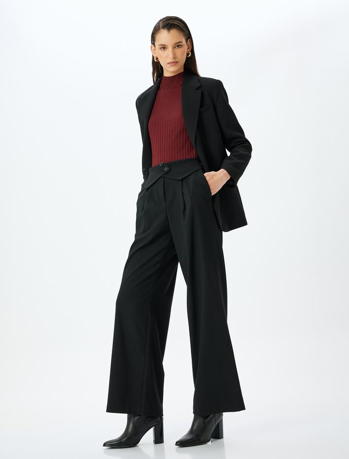  Kemer Detaylı Yüksek Bel Düz Geniş Paça Pantolon