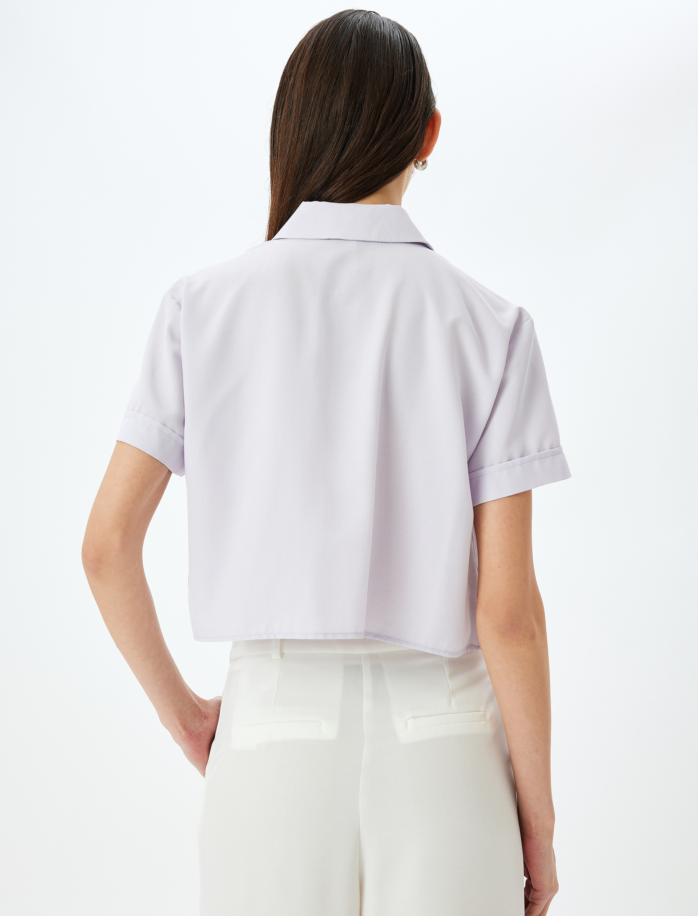 Viskon Karışımlı Kısa Kollu Crop Gömlek