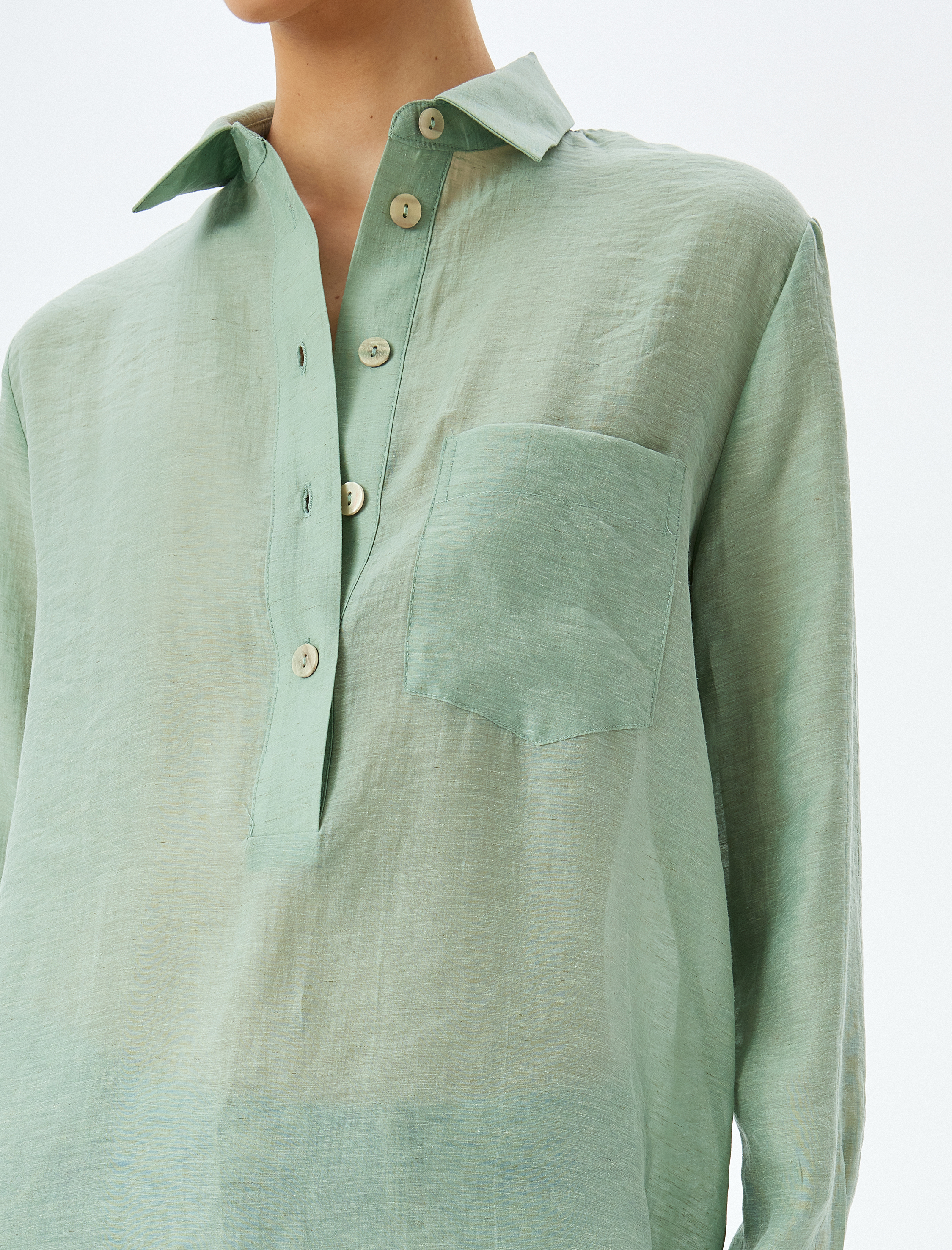 Cepli Düğmeli Gömlek Yaka Keten Karışımlı Uzun Oversize Tunik