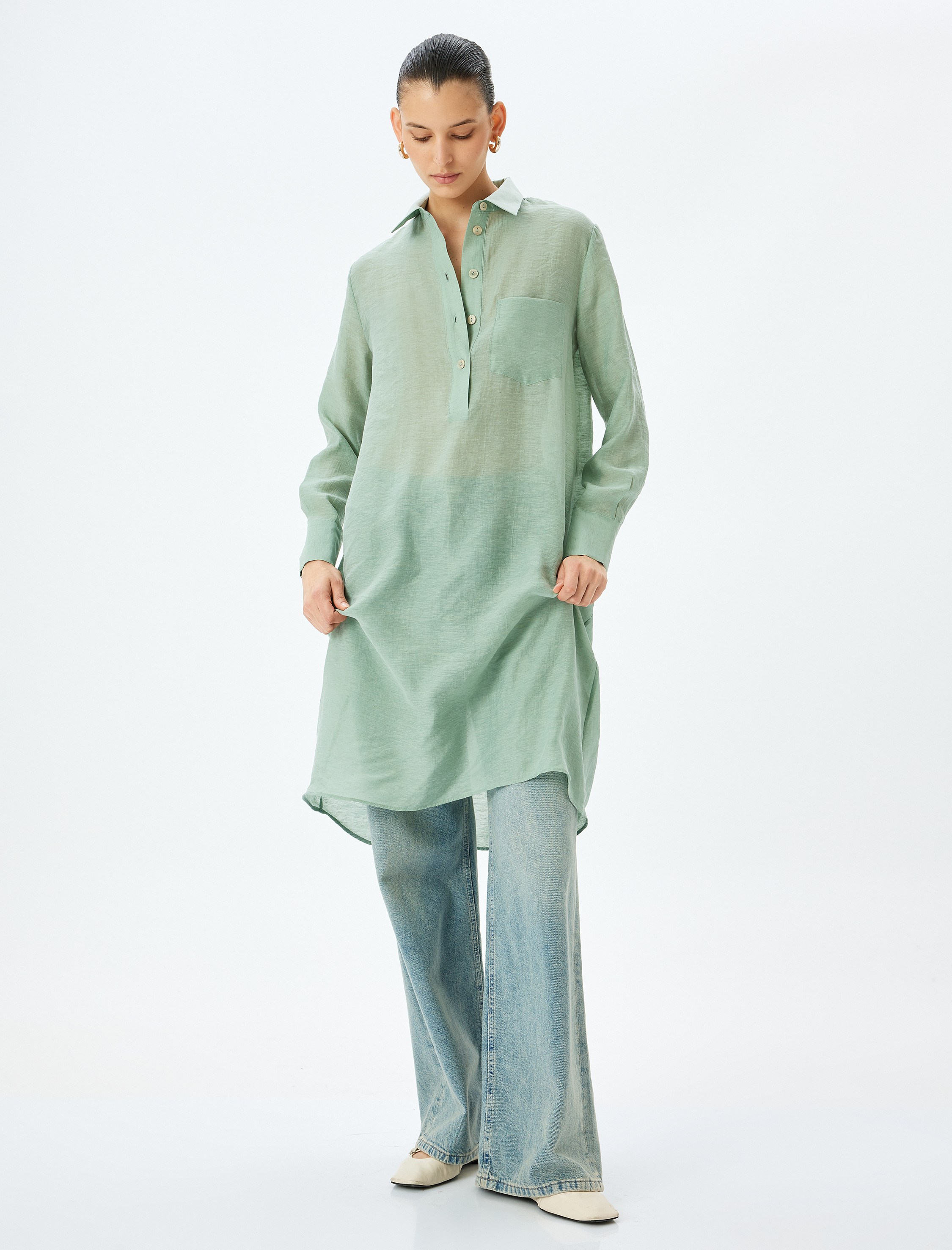 Cepli Düğmeli Gömlek Yaka Keten Karışımlı Uzun Oversize Tunik