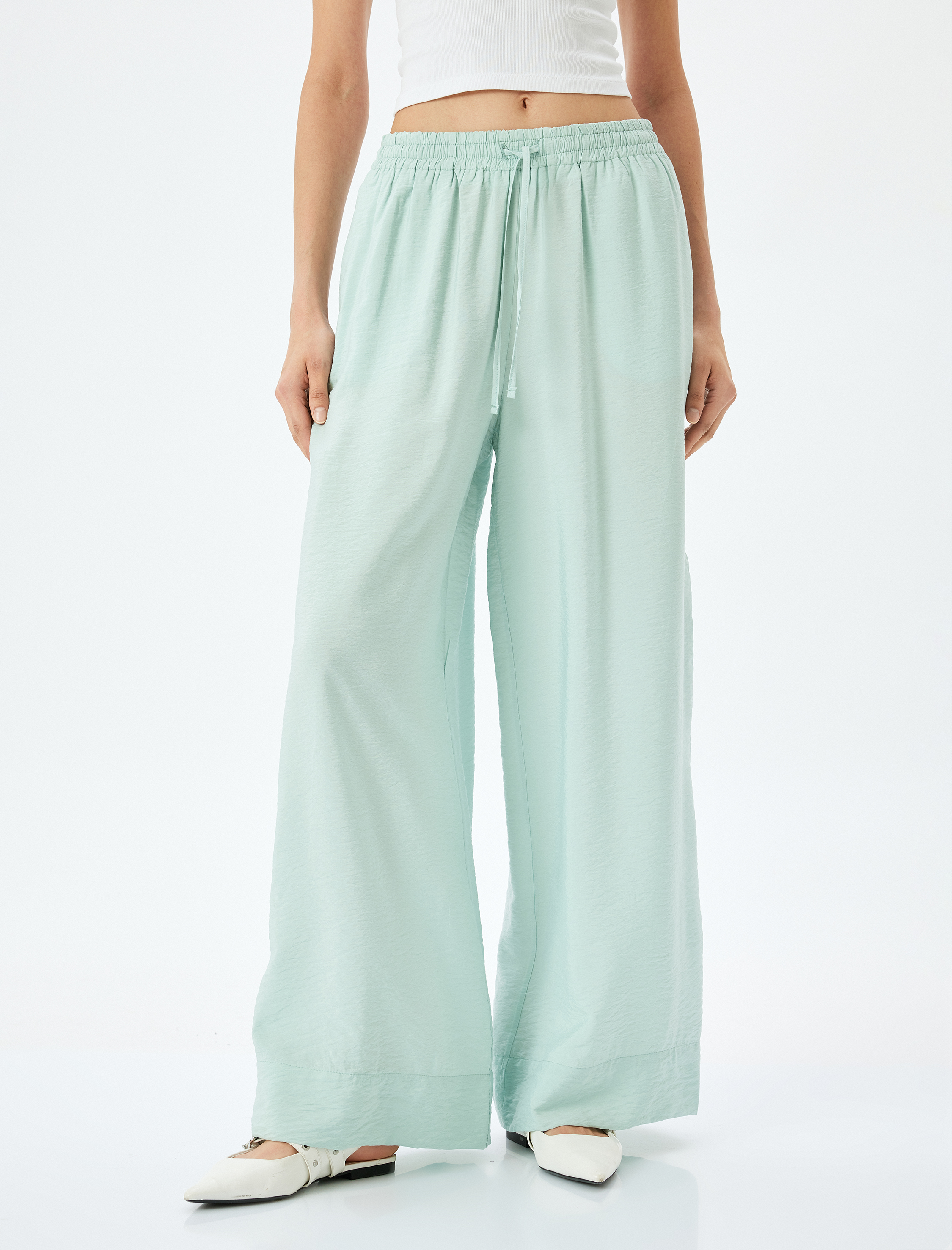   Beli Bağlamalı Cepli Yüksek Bel Geniş Paça Viskon Pantolon