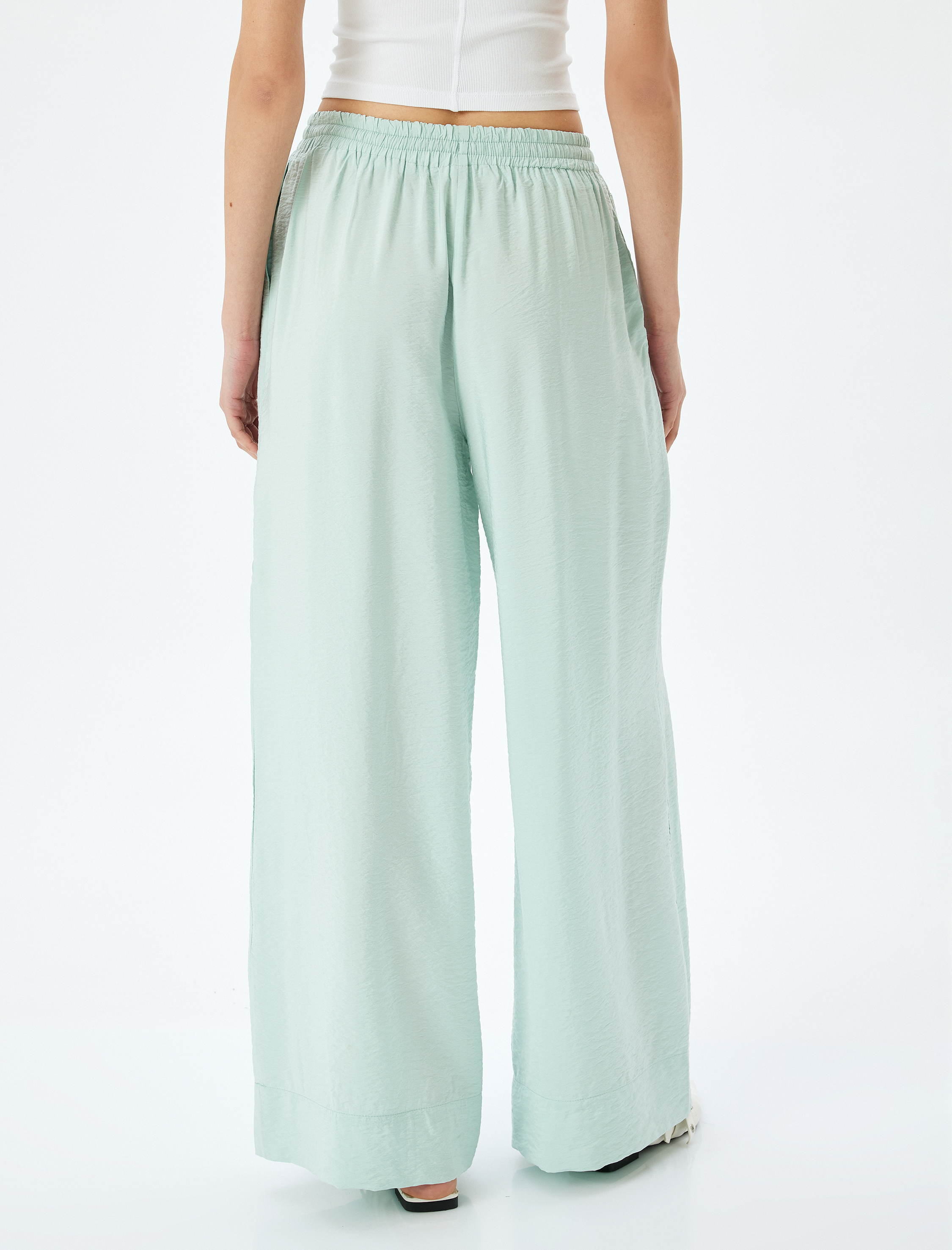   Beli Bağlamalı Cepli Yüksek Bel Geniş Paça Viskon Pantolon