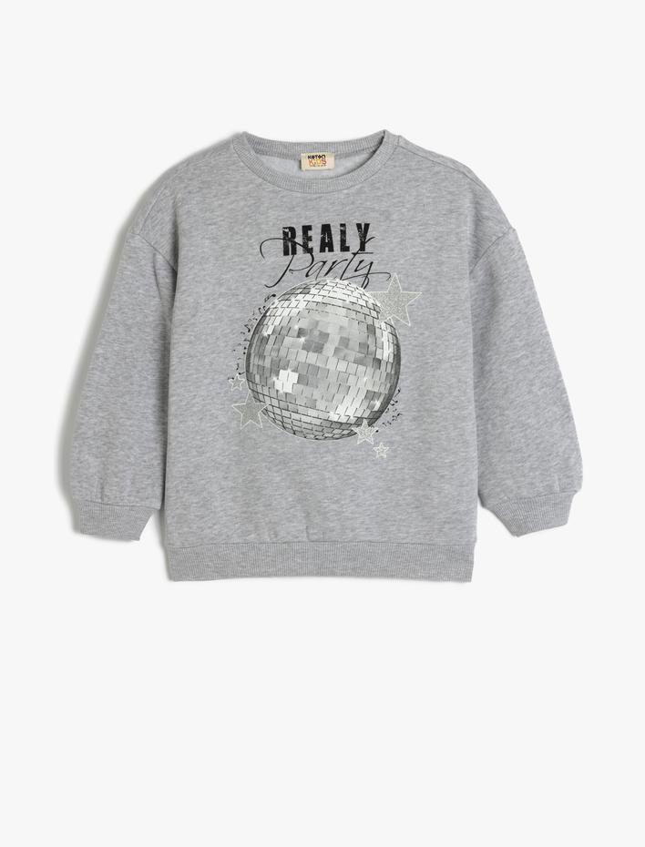 Kız Çocuk Baskılı Bisiklet Yaka Uzun Kollu Pamuklu Şardonlu Sweatshirt
