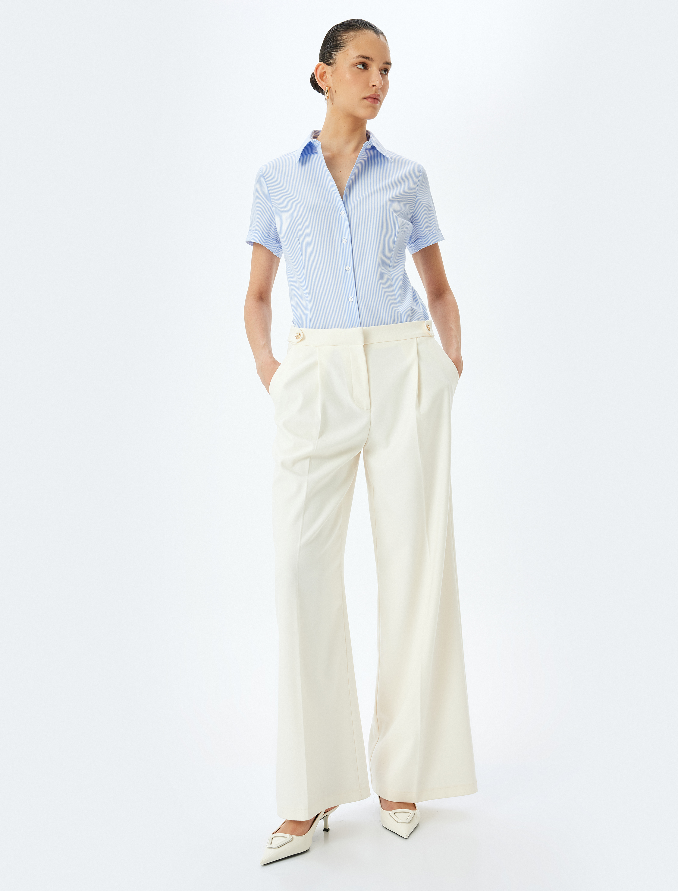 Klasik Yaka Çizgili Kısa Kollu Poplin Gömlek