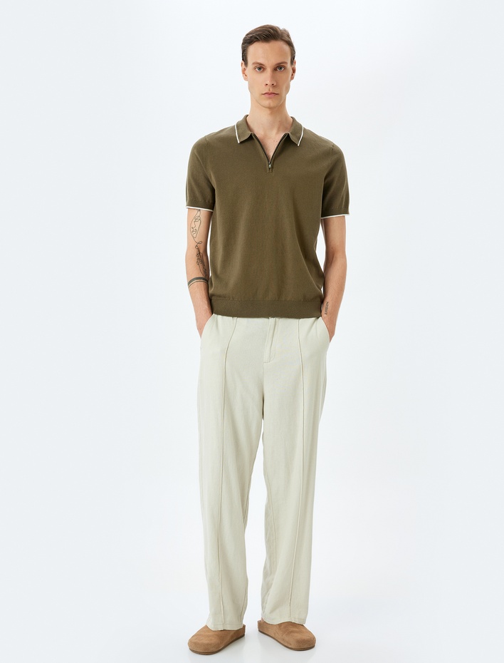  Yarım Fermuarlı Yaka Detaylı Pamuklu Kısa Kollu Triko Tişört