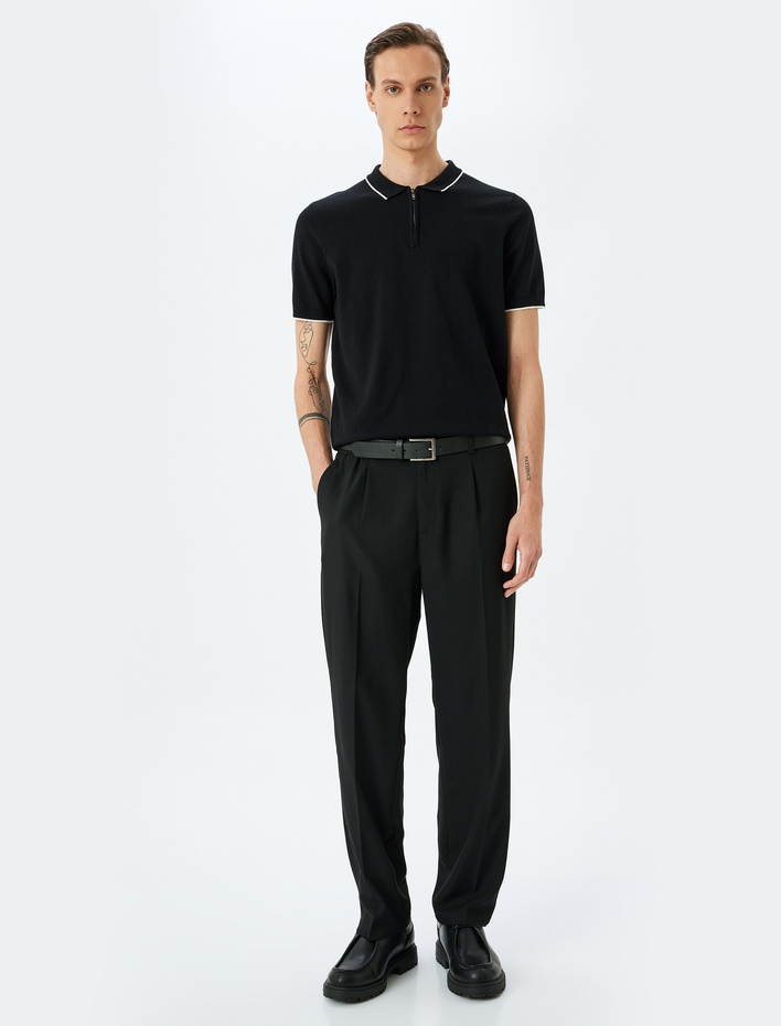  Yarım Fermuarlı Yaka Detaylı Pamuklu Kısa Kollu Triko Tişört