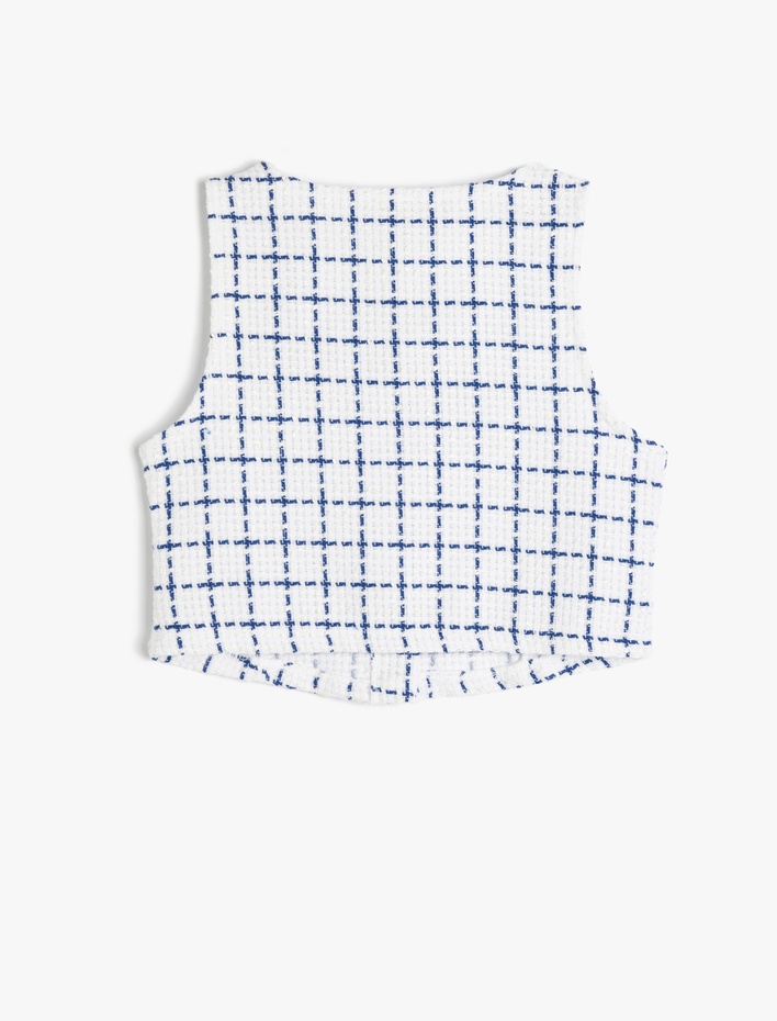 Kız Çocuk Kare Yaka Ekose Desenli Kolsuz Crop Tüvit Yelek