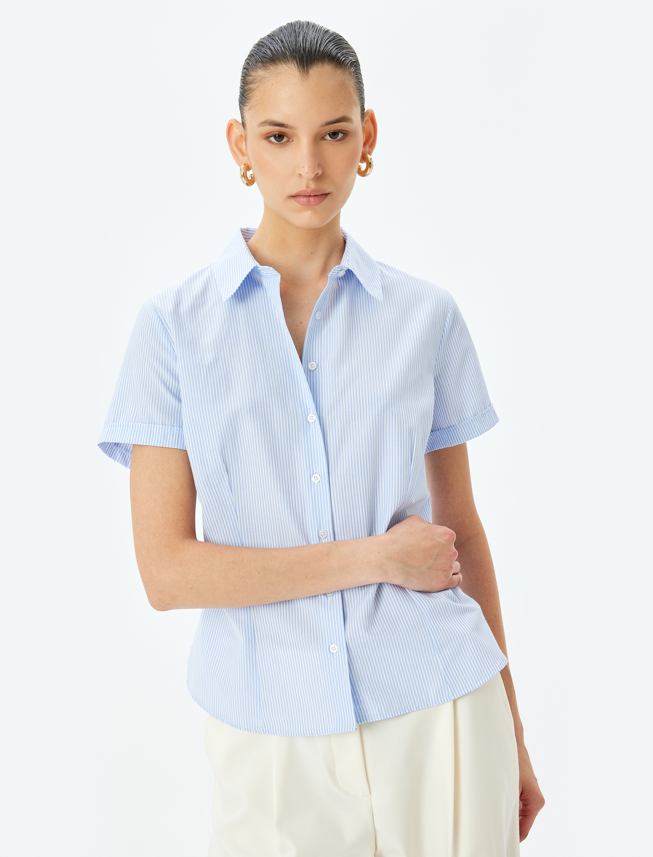 Klasik Yaka Çizgili Kısa Kollu Poplin Gömlek