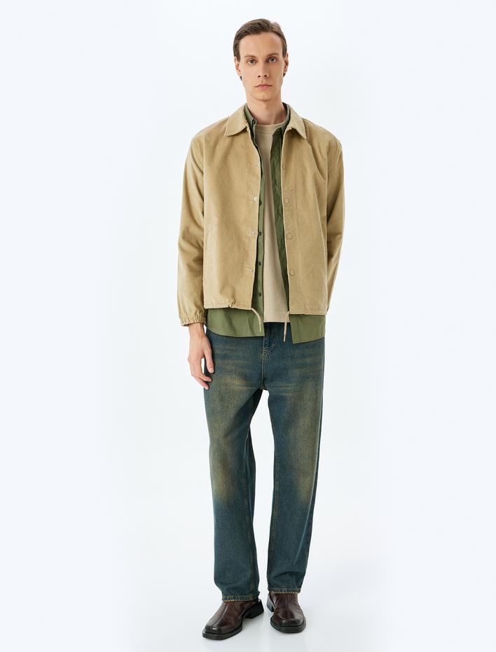  Düğmeli Uzun Kollu Gömlek Yaka Fitilli Kadife Ceket