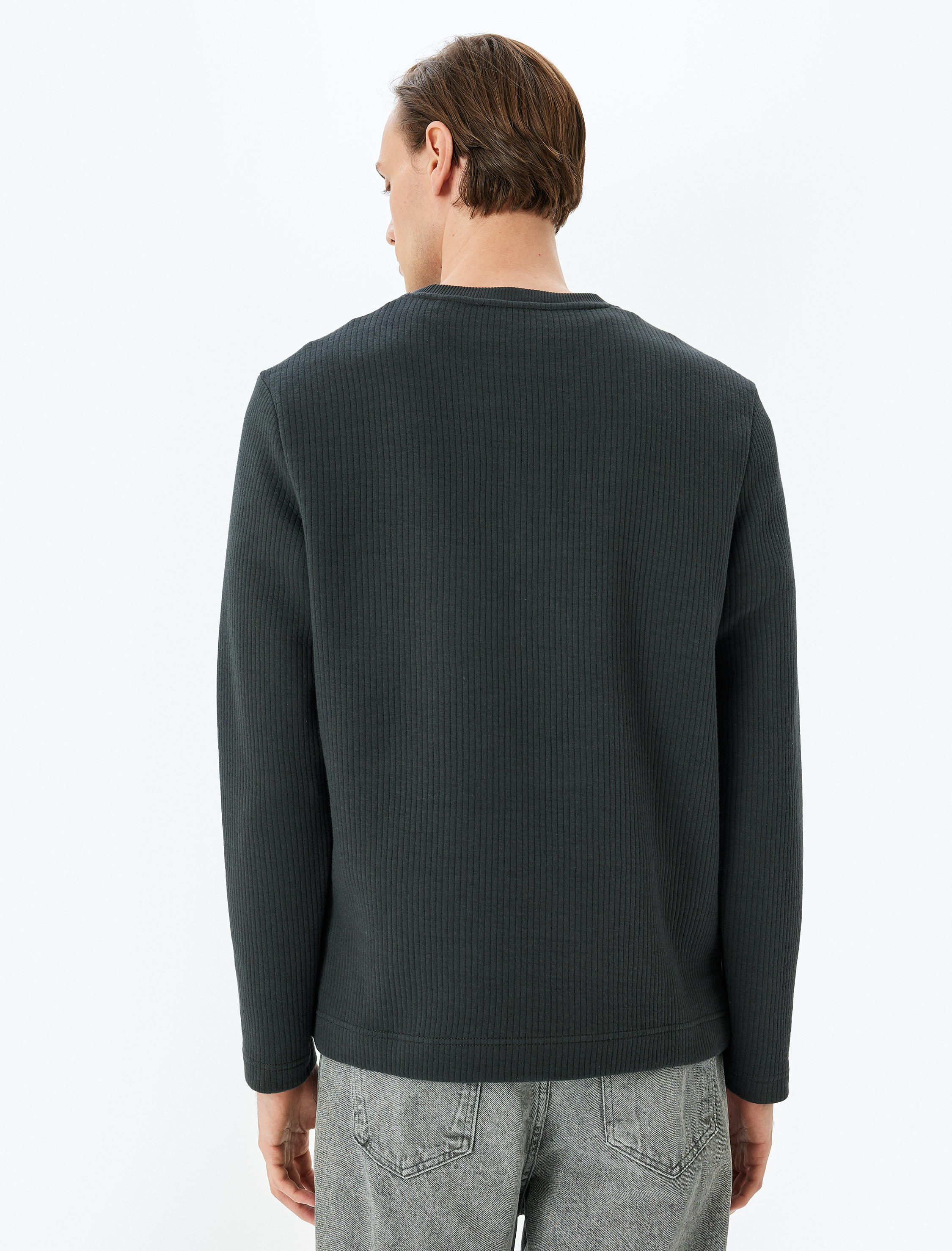 Uzun Kollu Pamuk Karışımlı Dokulu Basic Bisiklet Yaka Sweatshirt