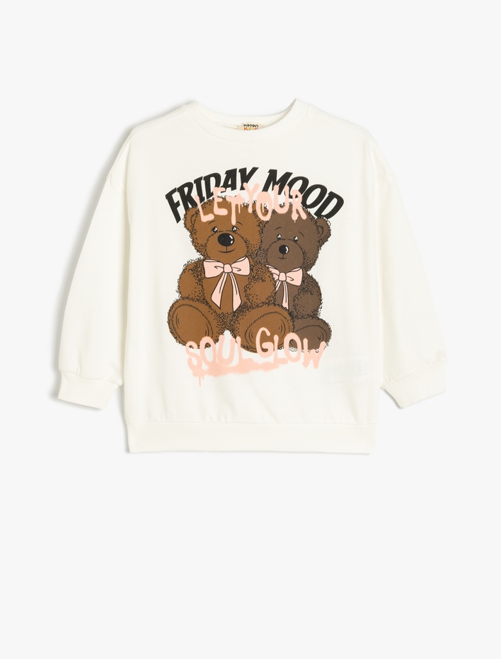 Kız Çocuk Ayıcık Baskılı Uzun Kollu Bisiklet Yaka Pamuklu Sweatshirt