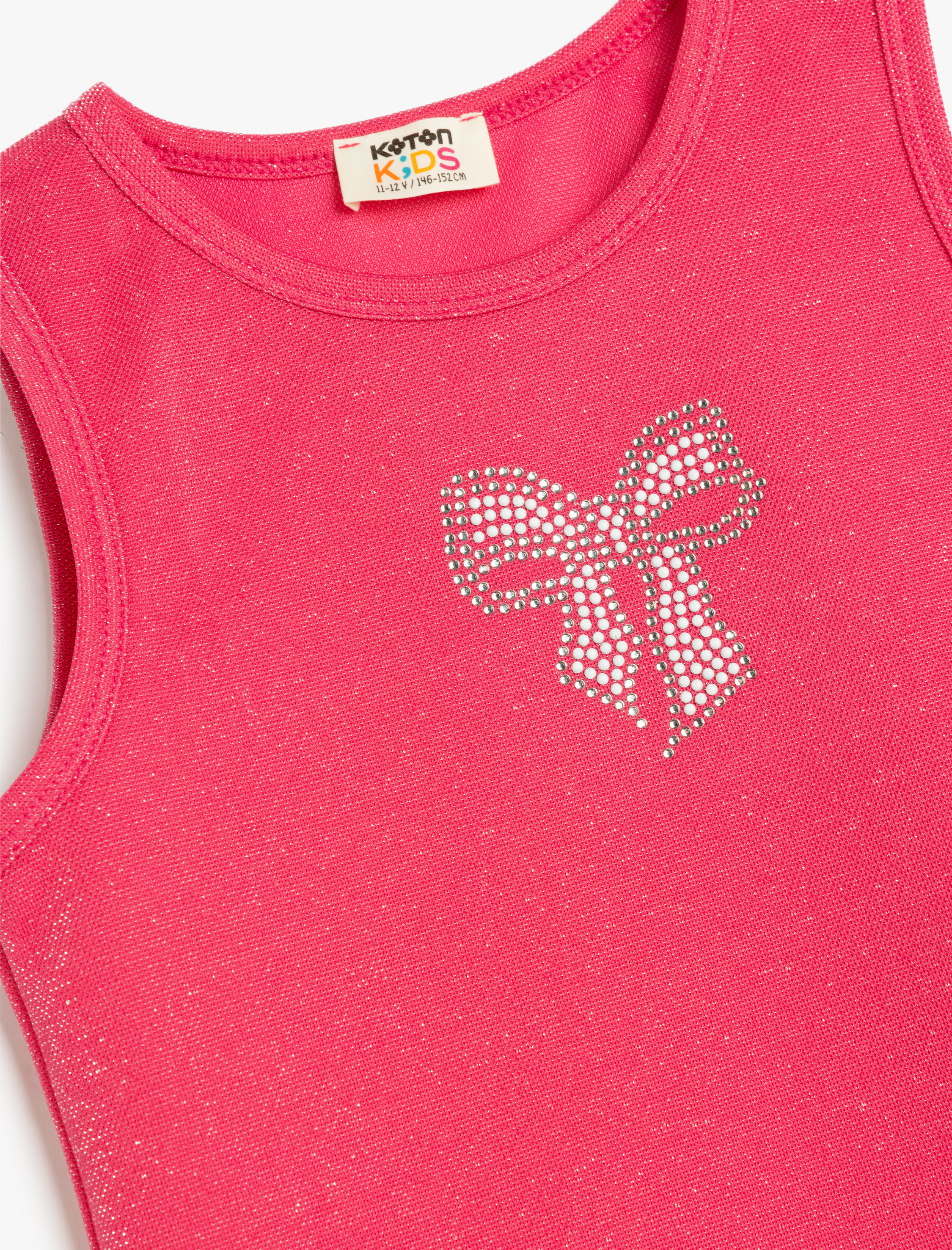  Kız Çocuk Taş Detaylı Fiyonk Baskılı Bisiklet Yaka Askılı Crop Atlet