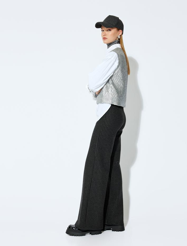  Koton X Şahika Ercümen - Yumuşak Dokulu Çizgili Düz Bol Paça Pantolon