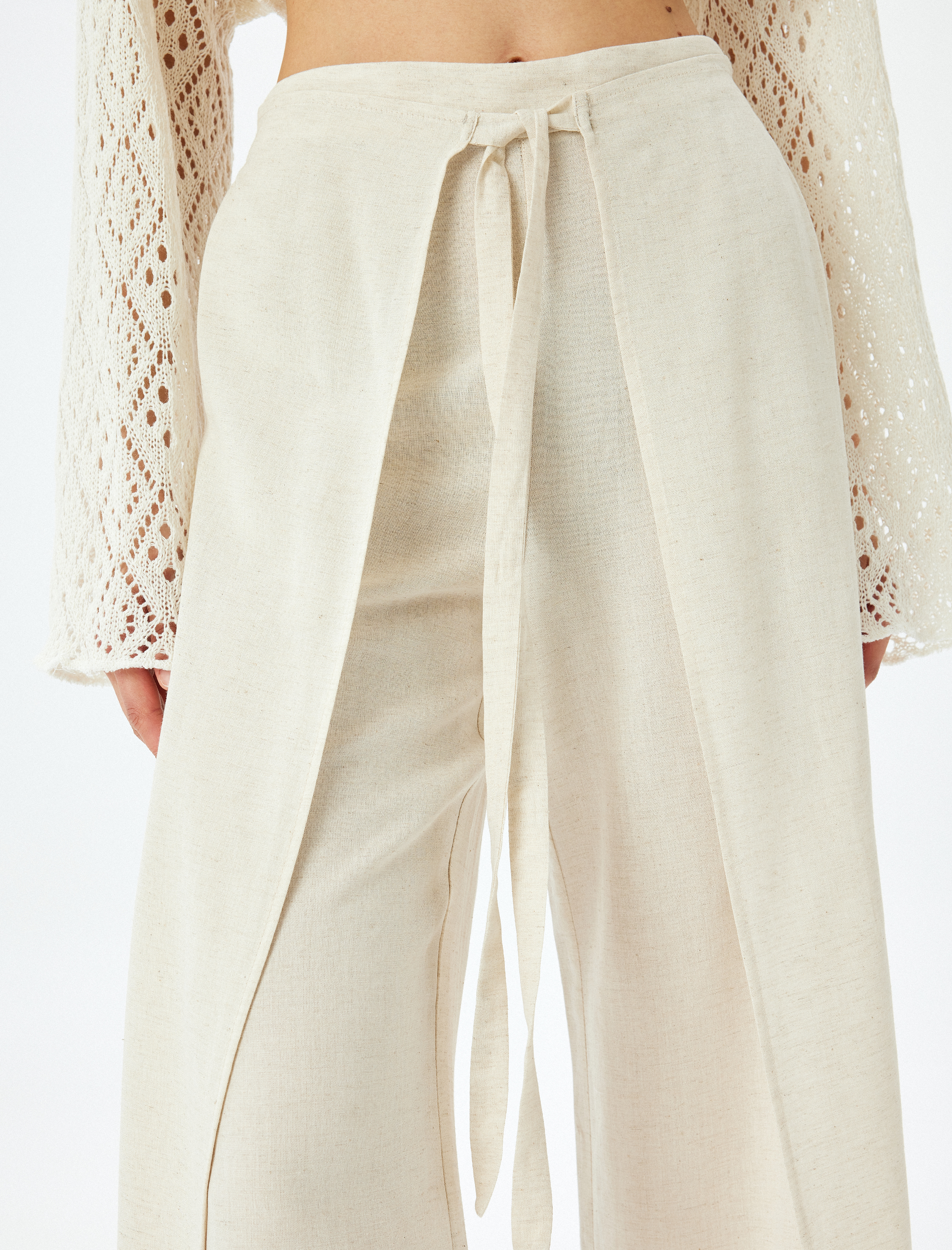   Yüksek Bel Kruvaze Detaylı Yanları Yırtmaçlı Keten Karışımlı Pantolon