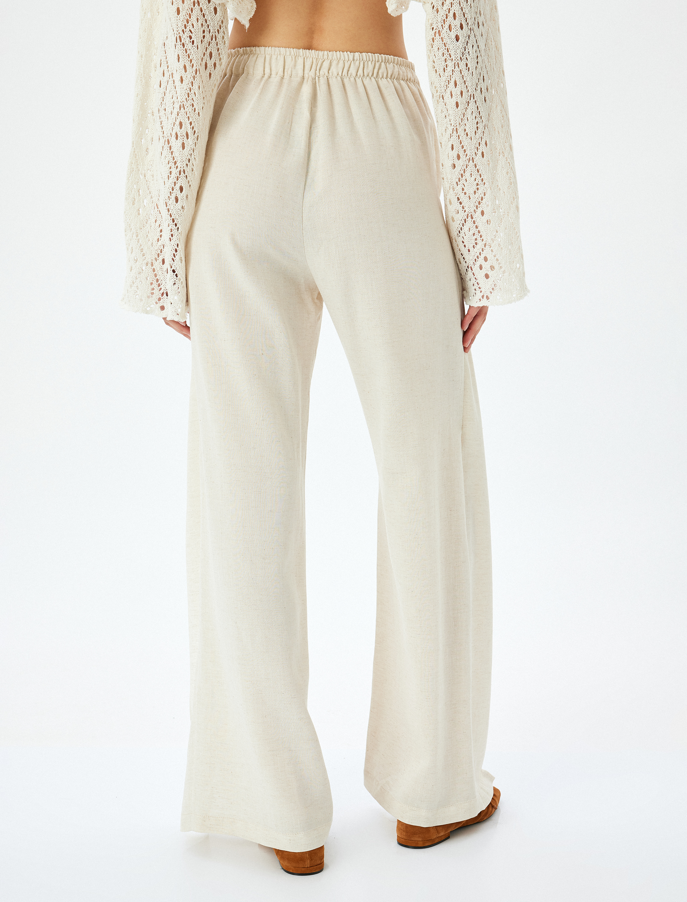   Yüksek Bel Kruvaze Detaylı Yanları Yırtmaçlı Keten Karışımlı Pantolon