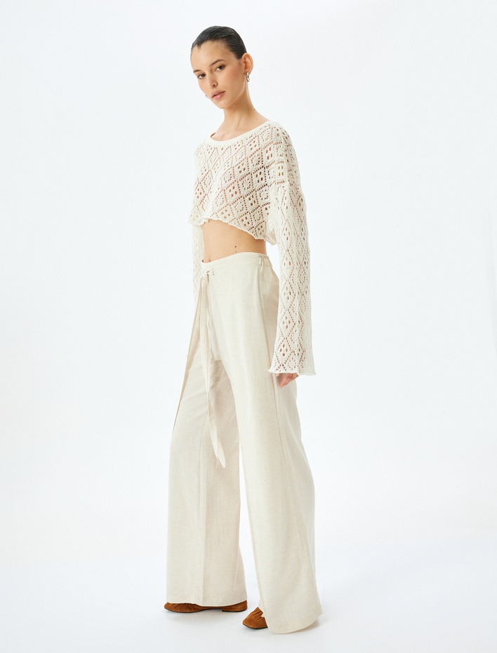  Yüksek Bel Kruvaze Detaylı Yanları Yırtmaçlı Keten Karışımlı Pantolon