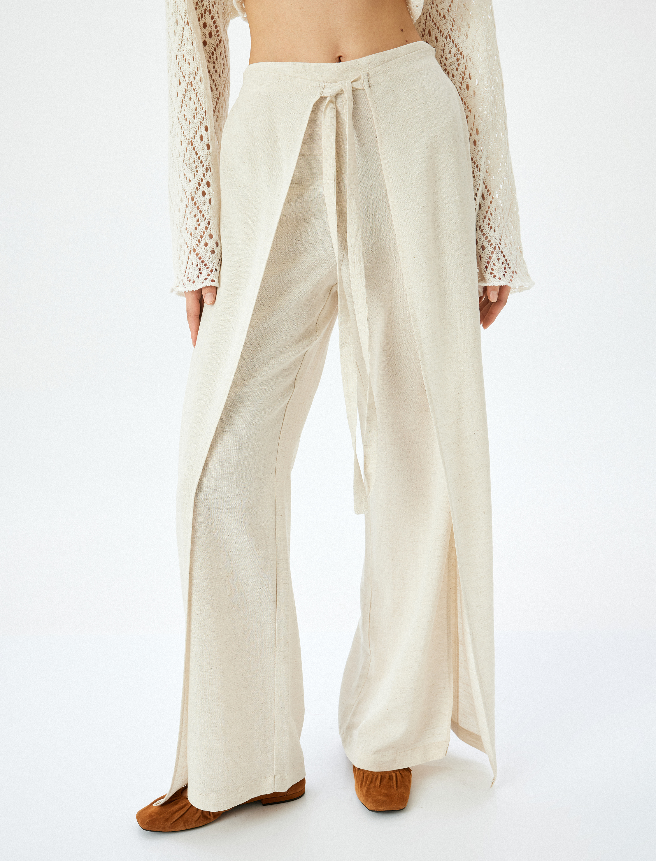   Yüksek Bel Kruvaze Detaylı Yanları Yırtmaçlı Keten Karışımlı Pantolon