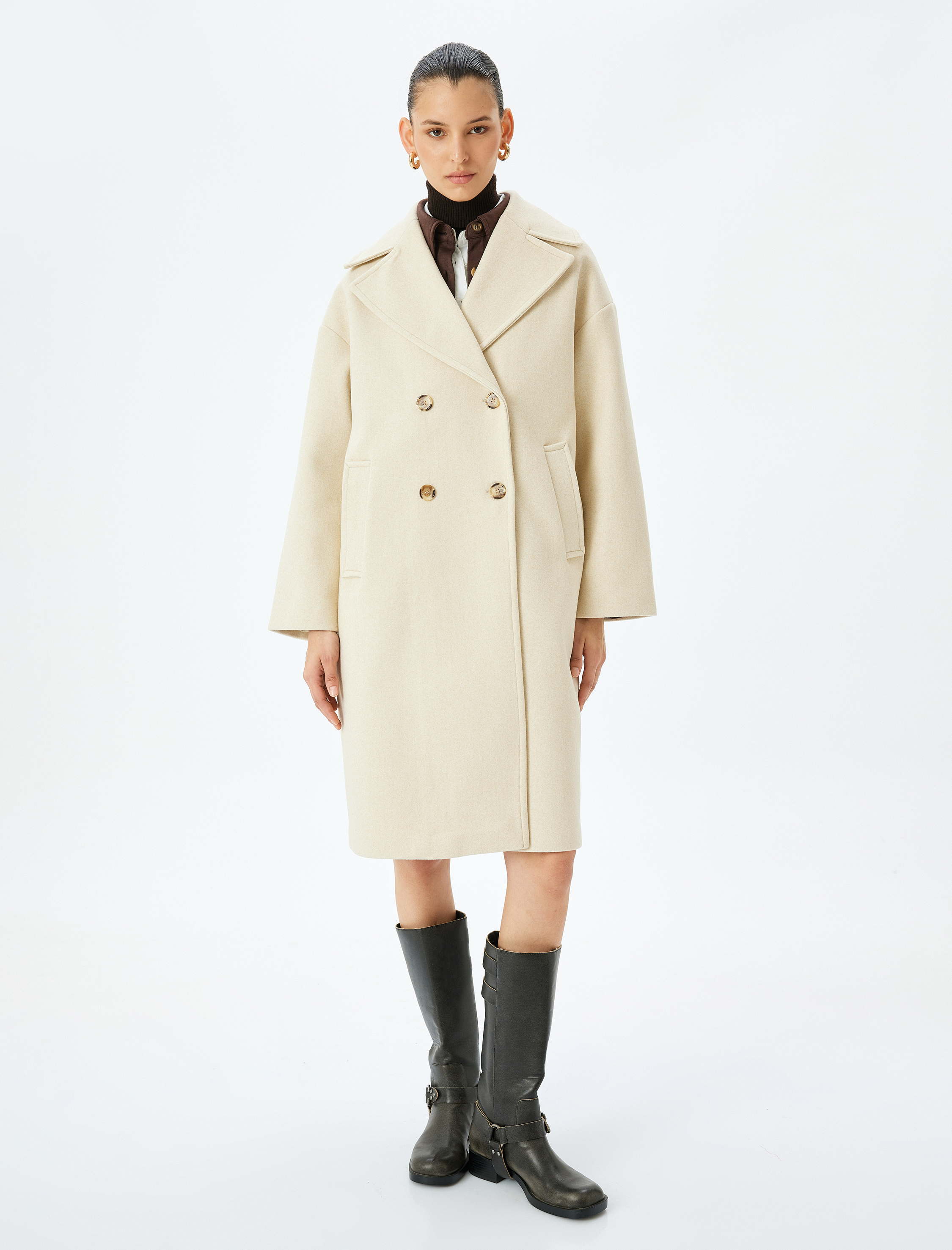   Kruvaze Oversize Uzun Kaşe Kaban