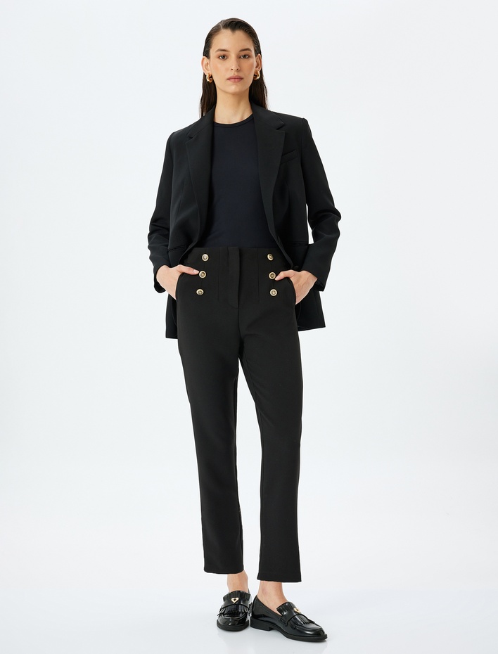  Slim Fit Düğme Detaylı Cepli Yüksek Bel Cigarette Kumaş Pantolon
