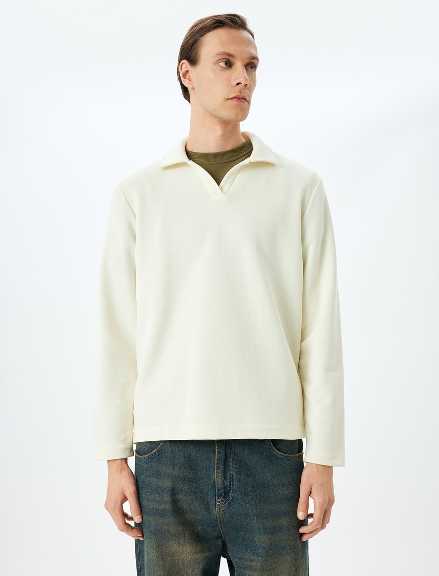   Uzun Kollu Pamuk Karışımlı Basic Polo Yaka Sweatshirt